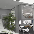 Car Dealership Interior With Luxury Sports Cars Display Wall And Lounge Area