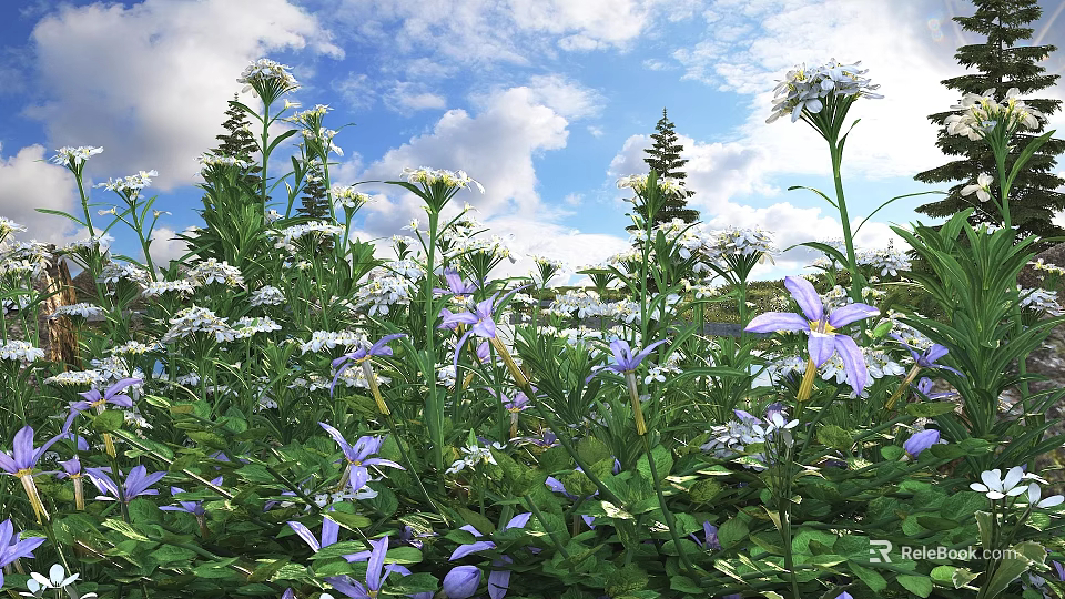 Blooming Purple and White Flowers in Lush Green Meadow Under Blue Sky with White Clouds 3d model 
