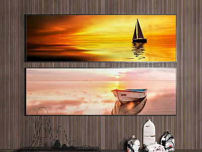Landscape Painting of Sunset Sunrise with Sailboat Rowboat on Calm Sea and Reflections 3d model