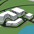 Modern Office Building With Glass Curtain Walls Geometric Structure And Landscaped Water Feature
