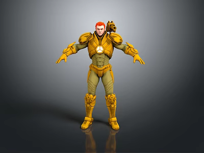 Man With Red Hair Wearing Futuristic Yellow Armor And Back Weapon 3d model