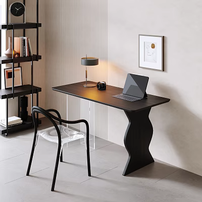 Black Desk With Curved Legs Laptop Table Lamp Camera Clear Chair Bookshelf And Wall Art 3d model