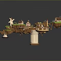 Wooden Platform Scene Components With Green Plants And Small Houses