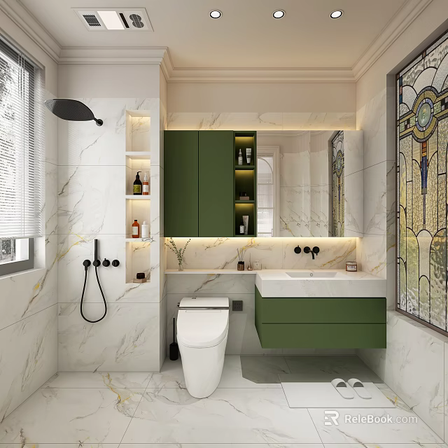 Luxury Modern Bathroom Interior With Green Cabinets And Marble Walls 3d model 