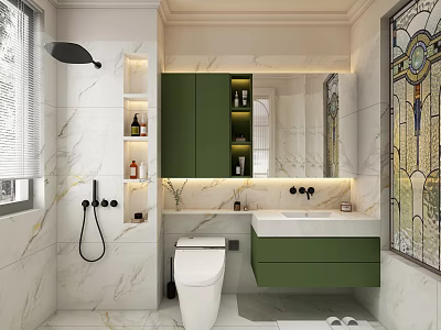Luxury Modern Bathroom Interior With Green Cabinets And Marble Walls 3d model