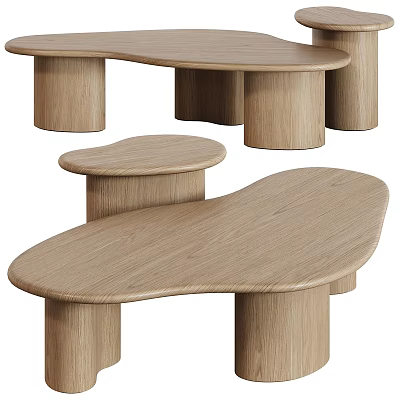 Modern Wooden Desk With Unique Irregular Curved Top And Cylindrical Light Wood Legs 3d model