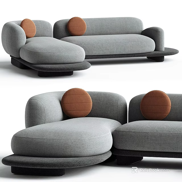 Modern Light Gray Fabric Sectional Sofa With Brown Round Accent Cushions And Minimalist Design 3d model 
