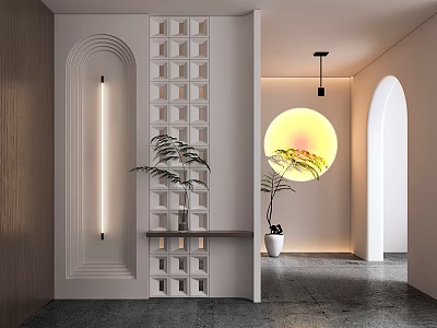 Modern Foyer Hallway Interior With Arch Details And Plants 3d model