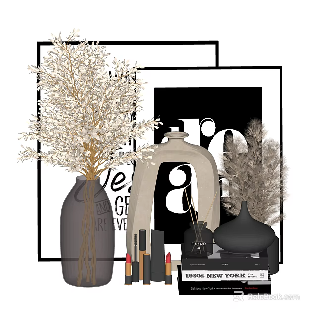 Elegant Decorative Ornament Combination With Vase Dried Plants Black Sculptures And Frames 3d model 