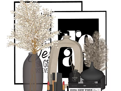 Elegant Decorative Ornament Combination With Vase Dried Plants Black Sculptures And Frames 3d model