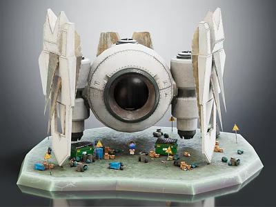 Smart Machine Featuring Large Circular Body Wing Like Structures Small Buildings And Tools On Base 3d model