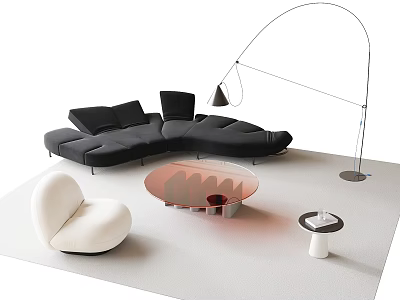 Modern Black Sectional Sofa and Round Coffee Table Set with Arched Floor Lamp in Living Area 3d model
