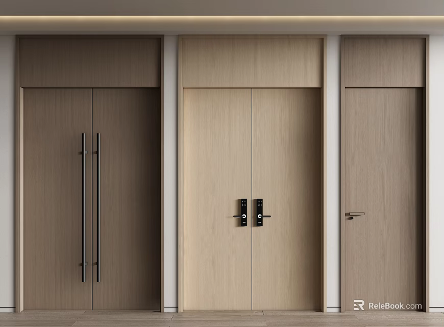 Modern Interior Design With Sleek Light Wooden Double Doors And Black Handles 3d model 