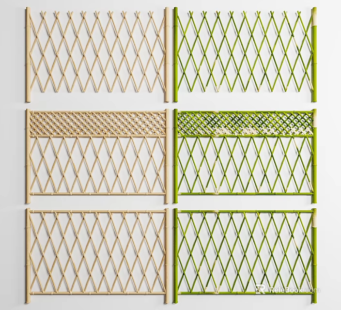 Garden Landscape Decorative Bamboo Grilles With Beige Green Diamond Patterns And Woven Details 3d model 