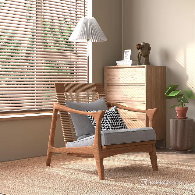 Modern Leisure Chair With Wooden Frame Rattan Gray Cushion Pillow By Window Blinds Green Plant 3d model 