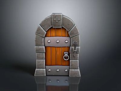 Medieval Stone Archway Structure With Wooden Door Metal Rivets And Cross Decoration 3d model