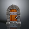 Medieval Stone Archway Structure With Wooden Door Metal Rivets And Cross Decoration