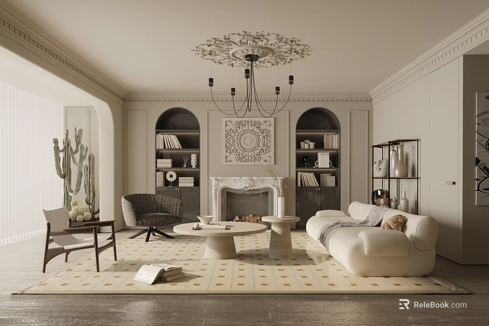 Elegant Living Room with Chandelier Arched Bookshelves Fireplace White Sofa Cactus and Area Rug 3d model 