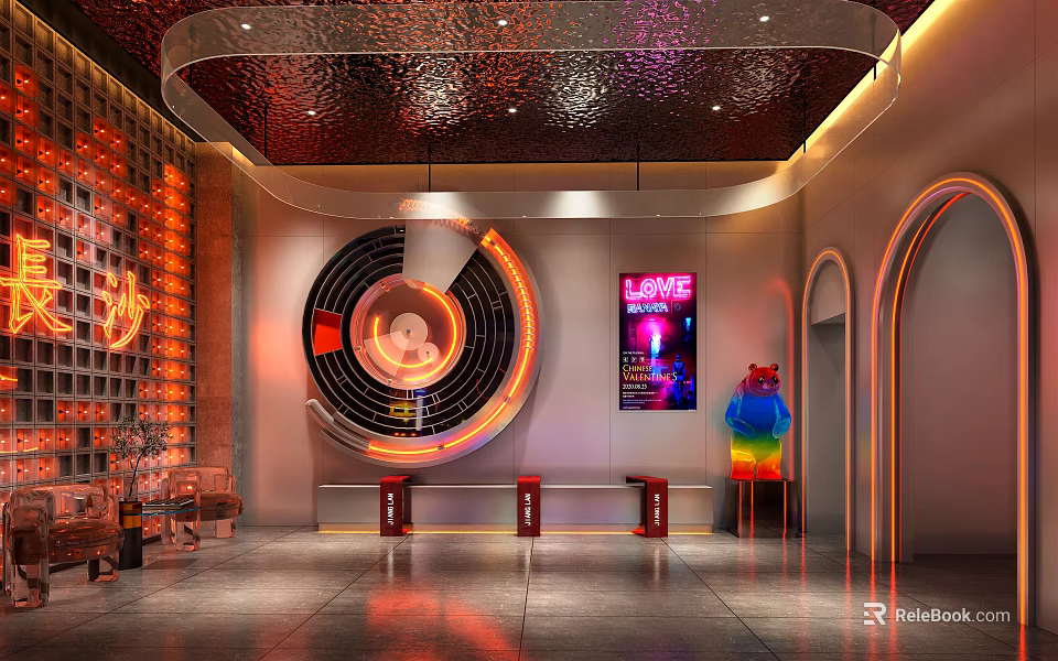 Modern Store Front Desk With Neon Love Sign Decorative Poster Red Seats And Colorful Sculpture 3d model 