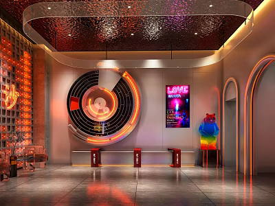 Modern Store Front Desk With Neon Love Sign Decorative Poster Red Seats And Colorful Sculpture 3d model