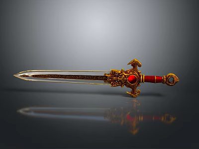 Ornamental Sword With Golden Decorations Red Gemstone Red Hilt And Sharp Blade 3d model