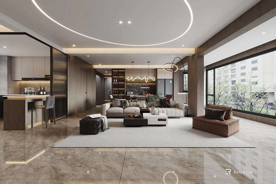 Modern Living Dining Room Interior With Open Layout Sofa And Pendant Lights 3d model 