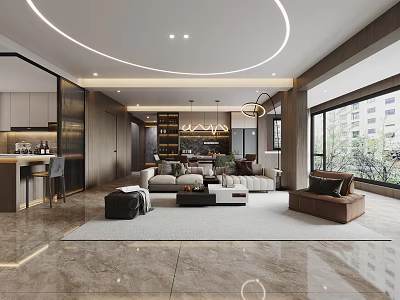 Modern Living Dining Room Interior With Open Layout Sofa And Pendant Lights 3d model