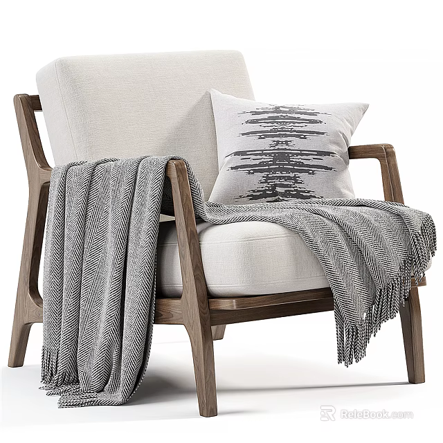 Cozy Accent Chair With Wooden Frame Upholstered Cushion Throw Pillow And Draped Blanket 3d model 