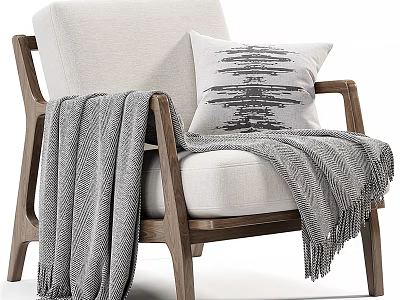 Cozy Accent Chair With Wooden Frame Upholstered Cushion Throw Pillow And Draped Blanket 3d model