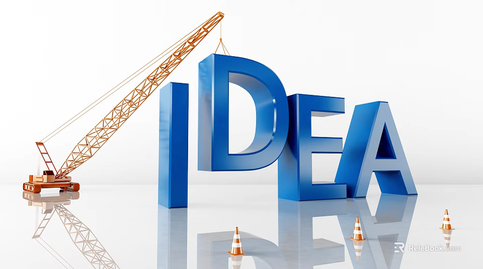 Large Blue IDEA Letters With Crane And Traffic Cones In Construction Setup 3d model 