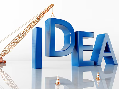 Large Blue IDEA Letters With Crane And Traffic Cones In Construction Setup 3d model