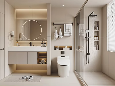 Modern Light Colored Bathroom Interior with Round Mirror Vanity Toilet and Glass Shower Enclosure 3d model