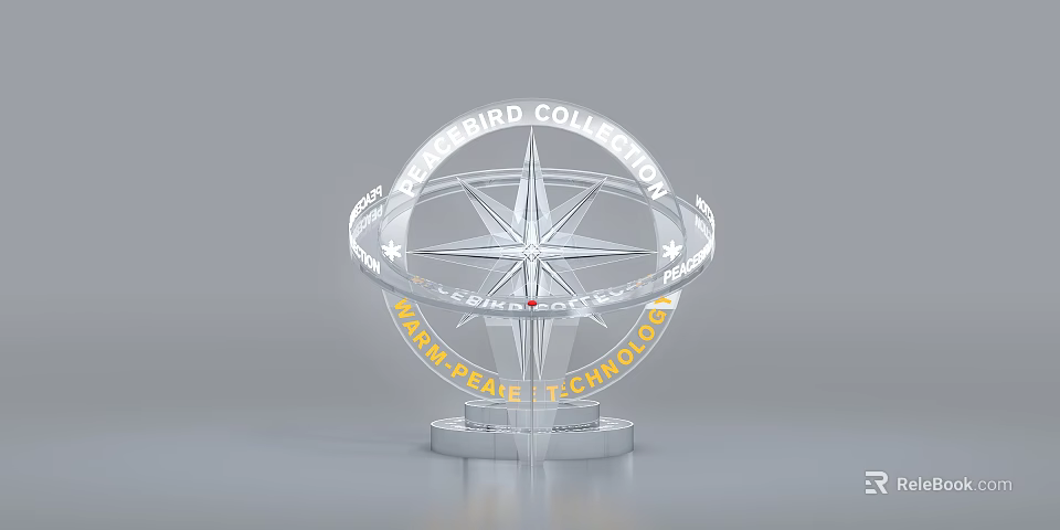 Perseid Collection Art Installation Featuring Compass Star Design Transparent Ring And Warm Peace Technology Base 3d model 
