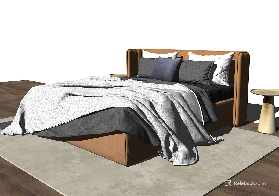 Modern Upholstered Double Bed with Soft Bedding Decorative Pillows Side Table and Light Rug 3d model 