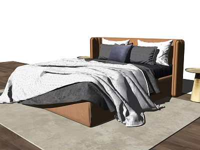 Modern Upholstered Double Bed with Soft Bedding Decorative Pillows Side Table and Light Rug 3d model
