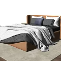 Modern Upholstered Double Bed with Soft Bedding Decorative Pillows Side Table and Light Rug