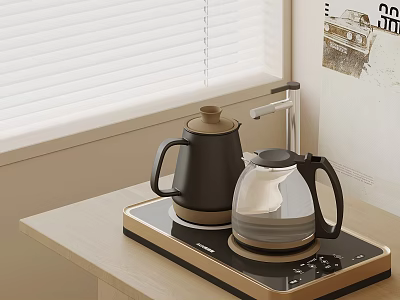 Modern Kitchen Appliances With Electric Kettles On Gold Black Base Countertop 3d model