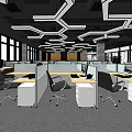 Public Office Space With Geometric Ceiling Lights Open Layout Workstations And Orange Armchairs 3d model