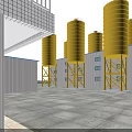 Industrial Factory Building With Blue Roof Yellow Storage Tanks Cranes And Green Grassy Area