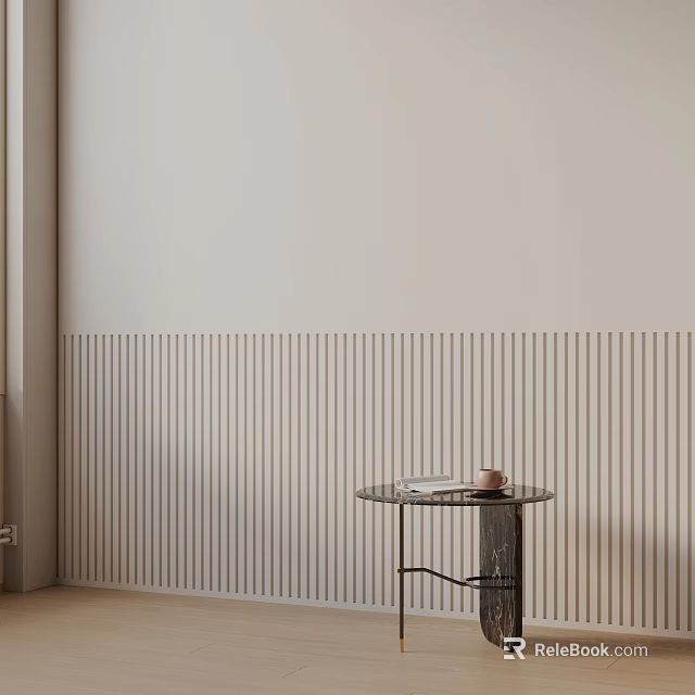 Modern Marble Top Side Table with Metal Frame Near Light Colored Wall with Vertical Slats 3d model 