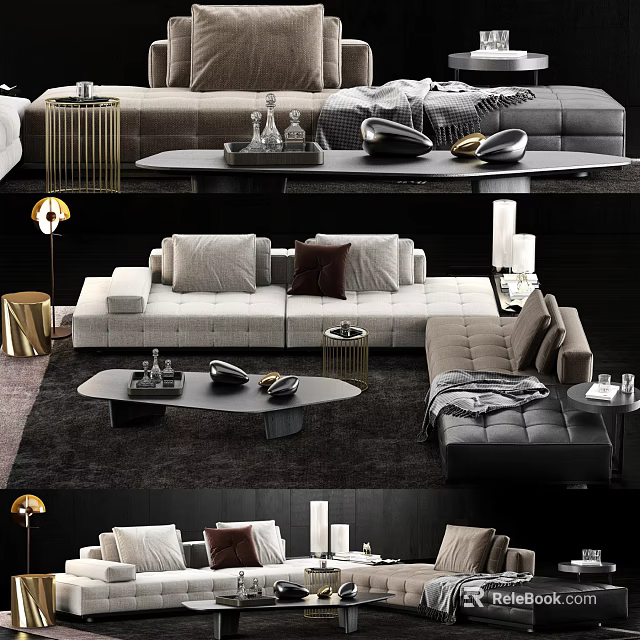 Modern Sectional Fabric Sofa With Oval Metal Frame Coffee Table And Decorative Pillows Floor Lamp 3d model