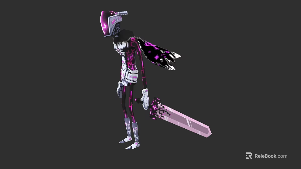 Game And Movie Character With Purple Pink Helmet Mechanical Design And Large Sword 3d model 