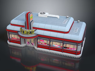 Cartoon Style Diner Building Exterior Featuring Neon Sign Red Gray Windows Pink Lighting 3d model