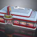 Cartoon Style Diner Building Exterior Featuring Neon Sign Red Gray Windows Pink Lighting
