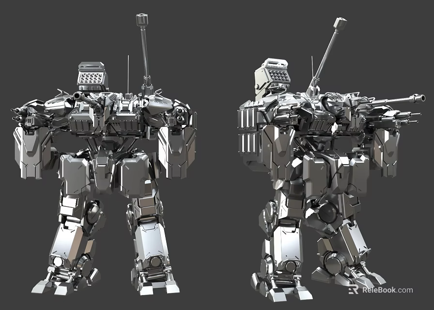 Game Movie Character Silver Robot With Mechanical Armor Antenna And Weapon Design 3d model 