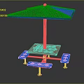 Outdoor Table With Green Canopy Square Tabletop Blue Benches And Metal Frame