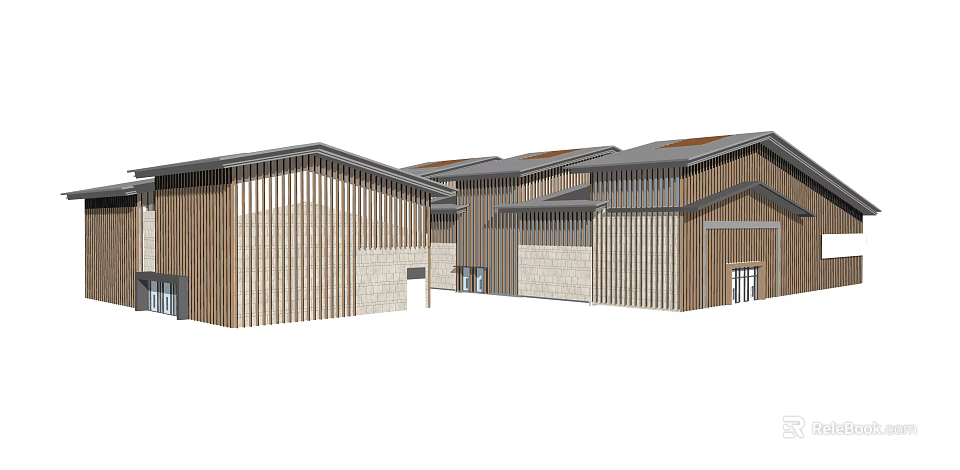 Modern Commercial Complex Exterior With Wooden Panels Stone Walls And Sloped Roofs 3d model 