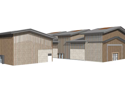 Modern Commercial Complex Exterior With Wooden Panels Stone Walls And Sloped Roofs 3d model