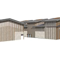 Modern Commercial Complex Exterior With Wooden Panels Stone Walls And Sloped Roofs