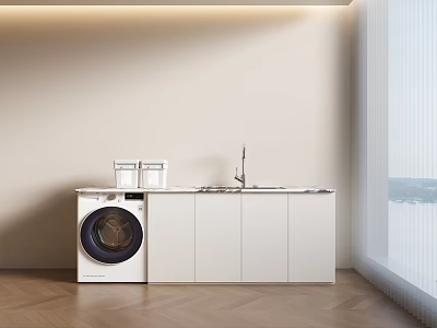 Modern Laundry Room Space Featuring Washing Machine Sink And White Cabinets With Wooden Floor 3d model